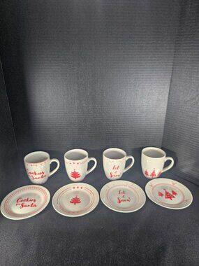 Elise For Elise Red & White Ceramic Christmas Mug & Dessert Plates Set of 4 NIB